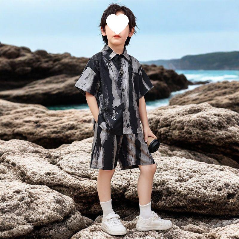 

Мальчиковая уличная одежда из ледяного шелка: Модный летний комплект из двух предметов с короткими рукавами 100