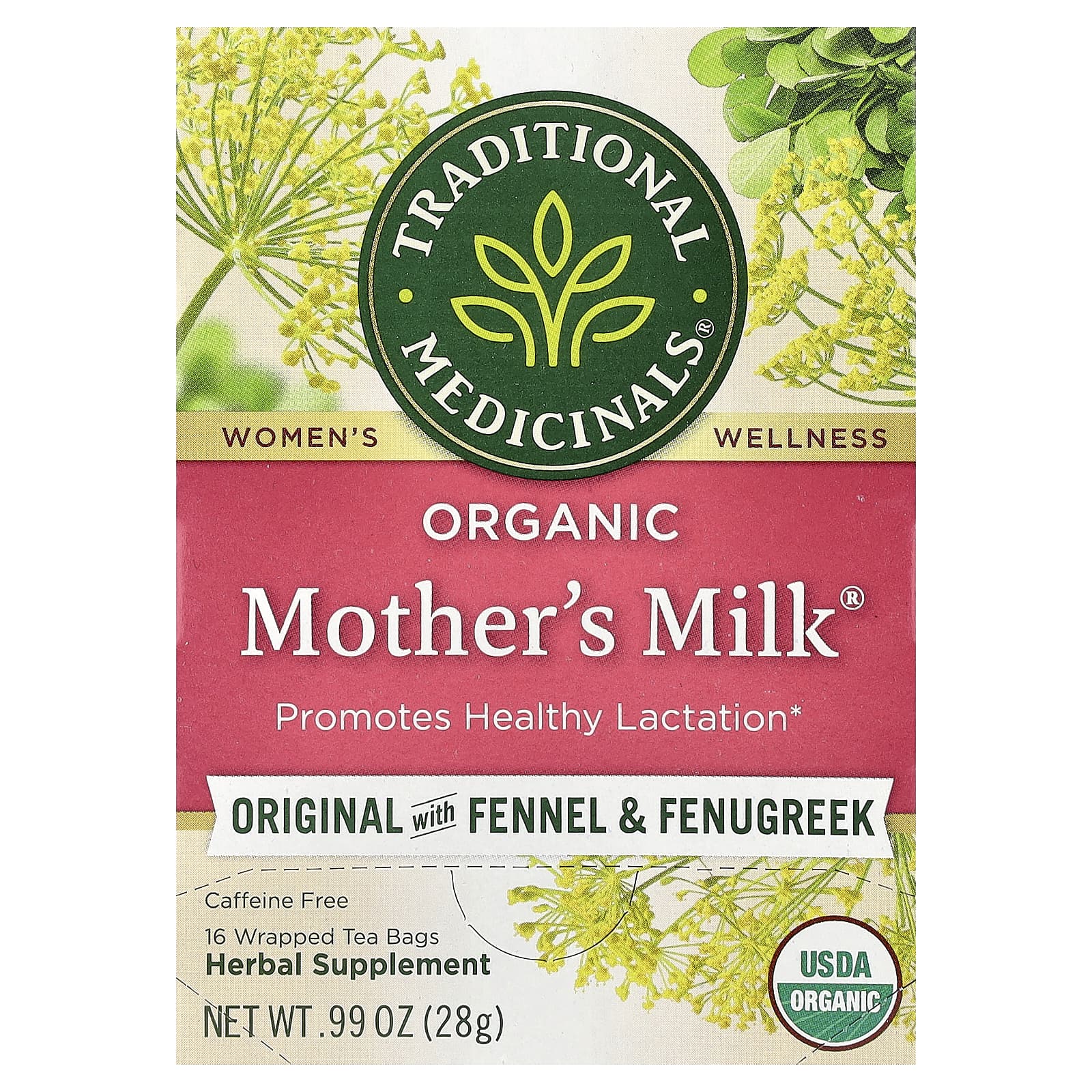 

Органический Mother S Milk®, Оригинальный фенхель и пажитник, без кофеина, 16 завернутых чайных пакетиков, 28 г (0,99 унции)