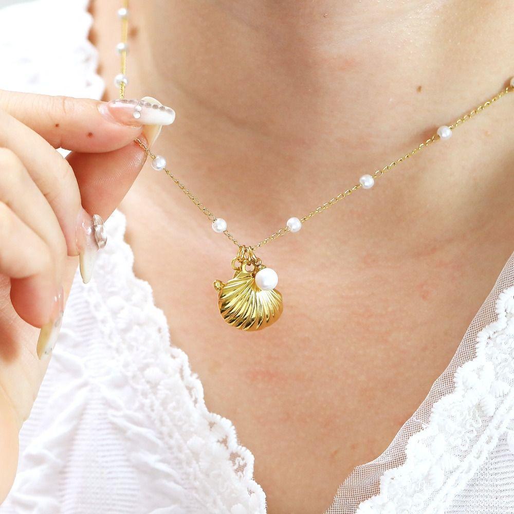 Sweet Starfish Shell Collarbone Chain Seaside Vacation Women Pearl Pendant  Summer