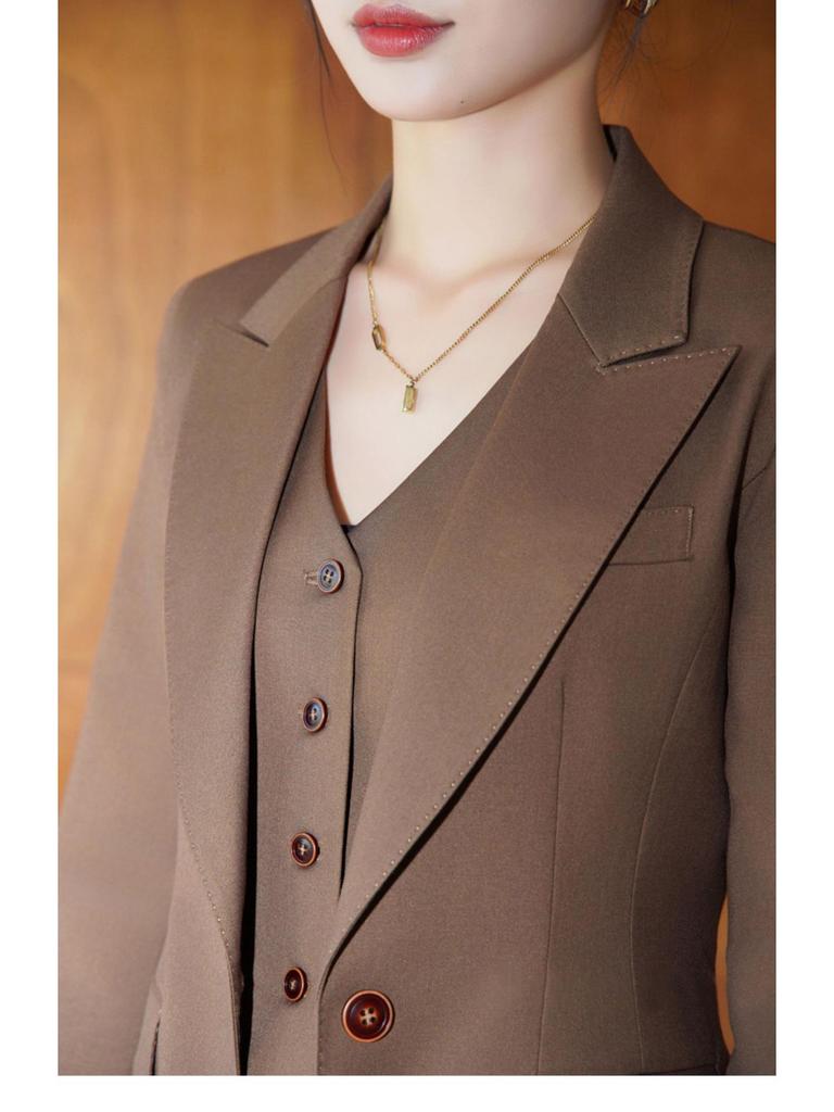 Women's Dark Brown Lyocell Blazer with Wide-Leg Pants Three-Piece Business Set