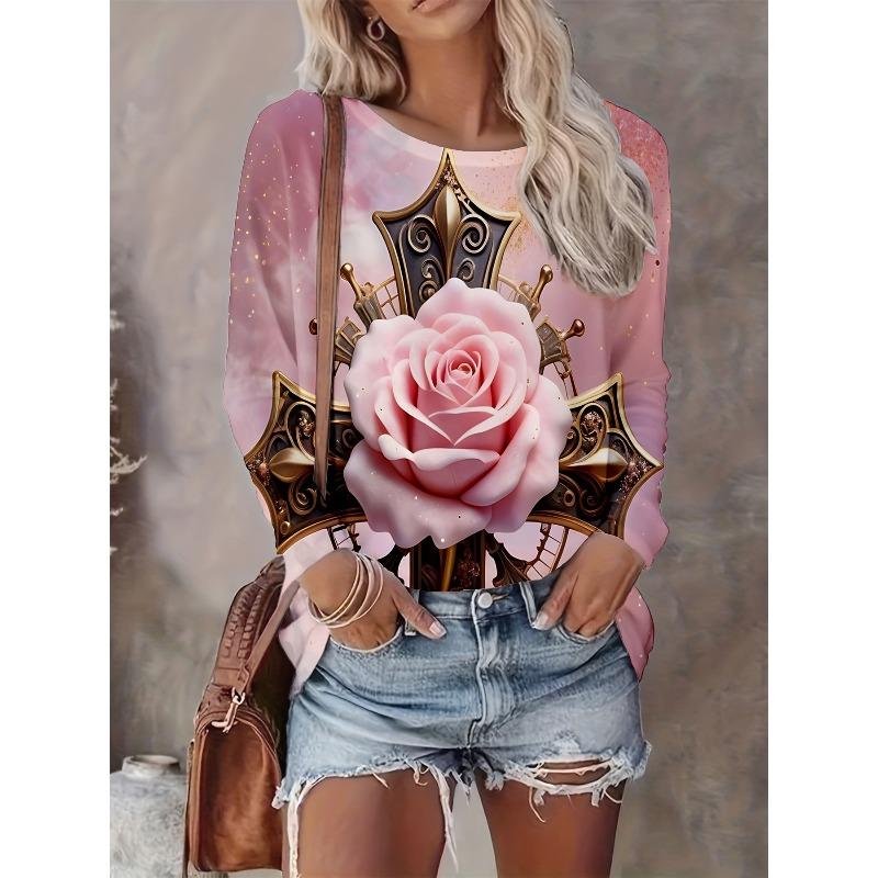 Women's Autumn and Winter Love Plaid 3D Printing Round Neck Long-sleeved T-shirt Comfortable, Fashionable and Breathable