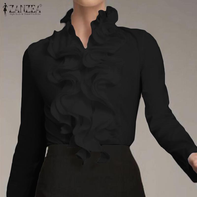 ZANZEA Elegant Ruffle Blouse Women Long Sleeve Button Down OL Shirts Casual Tops