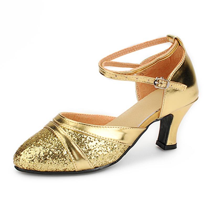 Hot Selling Ladies Modern Dancer Shoes, Tango Shoes, Waltz Indoor/outdoor Gold and Silver Shiny Dance Middle Heel