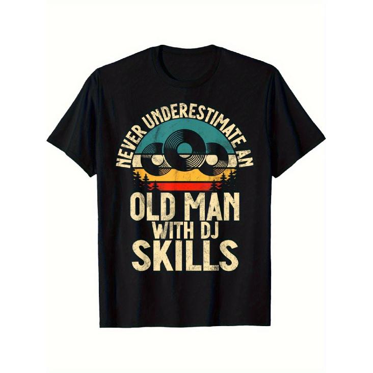 Men S Vintage DJ T-Shirt - Heavyweight 180gsm Cotton Retro Music Tee with Vinyl Records, Sound Waves &  Never Underestimate Old DJs  Slogan - Bold S чёрный