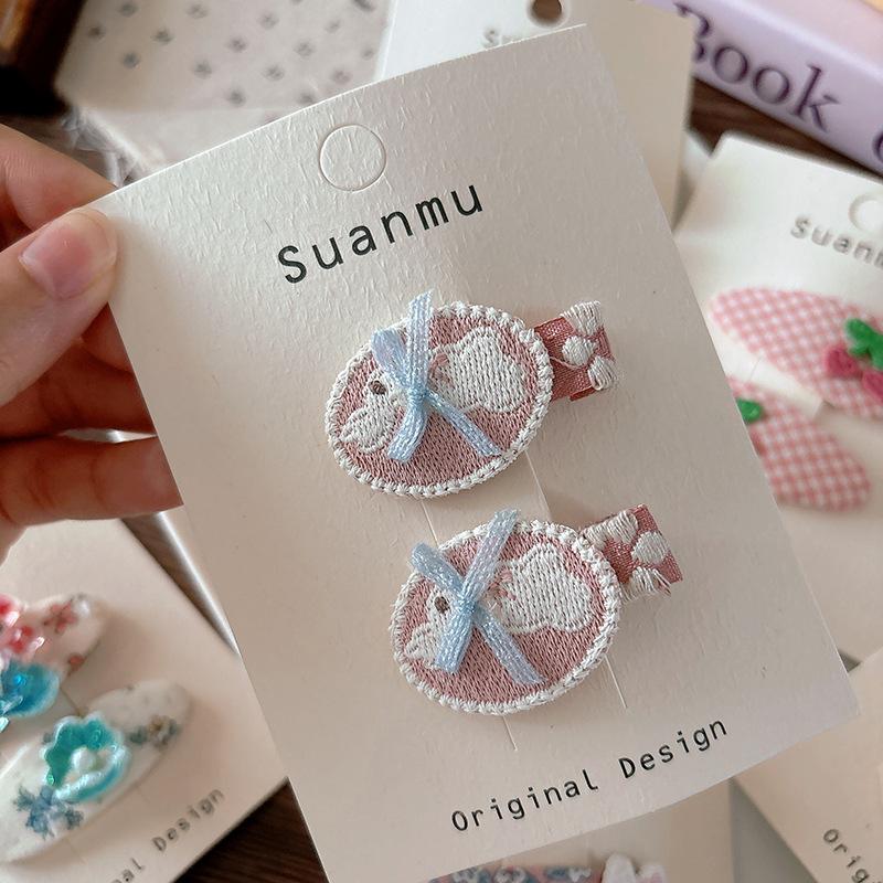 Korean Sweet Versatile Fabric Plaid Children's Bangs Bb Clip Girls Embroidery Cute Cherry Headwear Girls Kids Hair Accessories