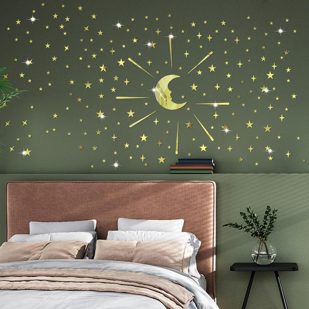 

105pcs Star Moon 3d Mirror Wall Sticker Waterproof Reusable Self adhesive For Kids Living Room Bedroom Decor gold