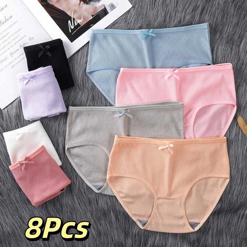 8Pcs Mid Waist Simple Underpants Bowknot Underwear for Women Breathable Seamless Briefs  Lady