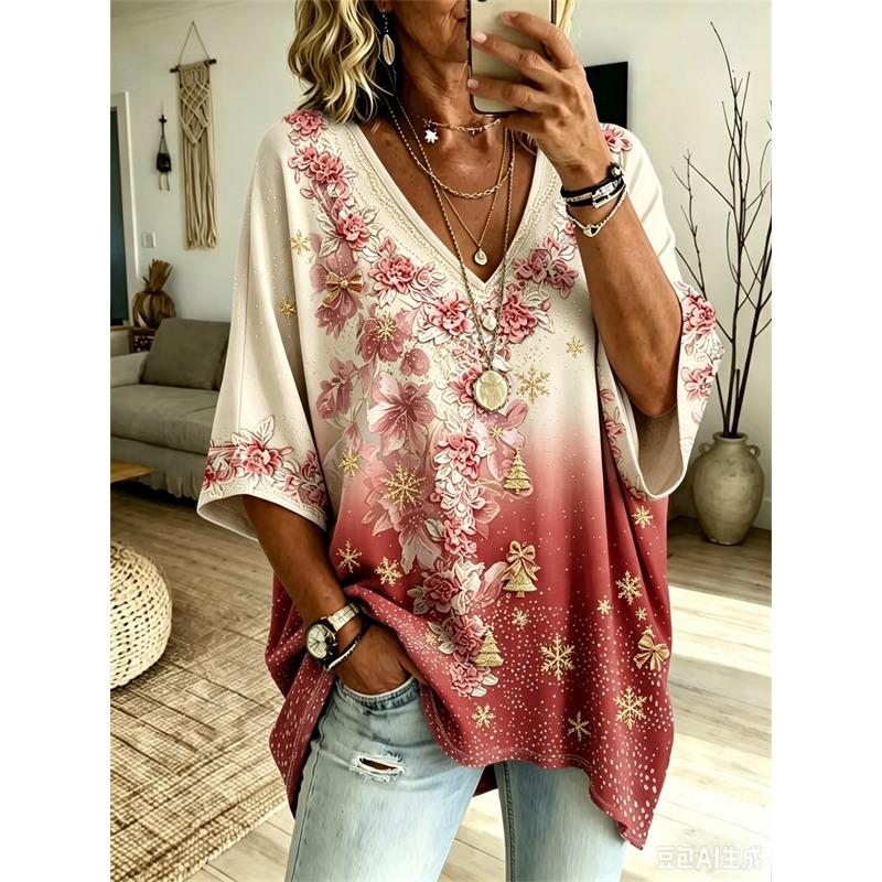 Plus Size Dame V-hals Flagermusærme T-shirt Boheme Etnisk Print Løs Top Sommer Komfortabel Åndbar Daglig Pendling Afslappet Slankende Stil