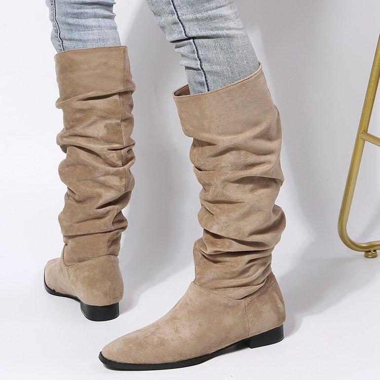 2025 Winter New Pleated Boots Women's Foreign Trade Large Size Tall Martin Boots European and American Suede Thick Heel Piled Riding Boots
