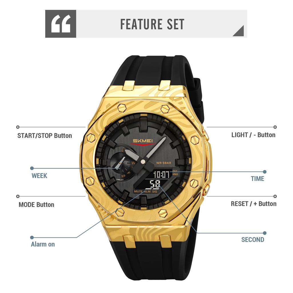 Skmei 2471 Light Dual Digital Display Quartz Waterproof Watches with Calendar Analog Stopwatch Timing Alarm Clock LED Night