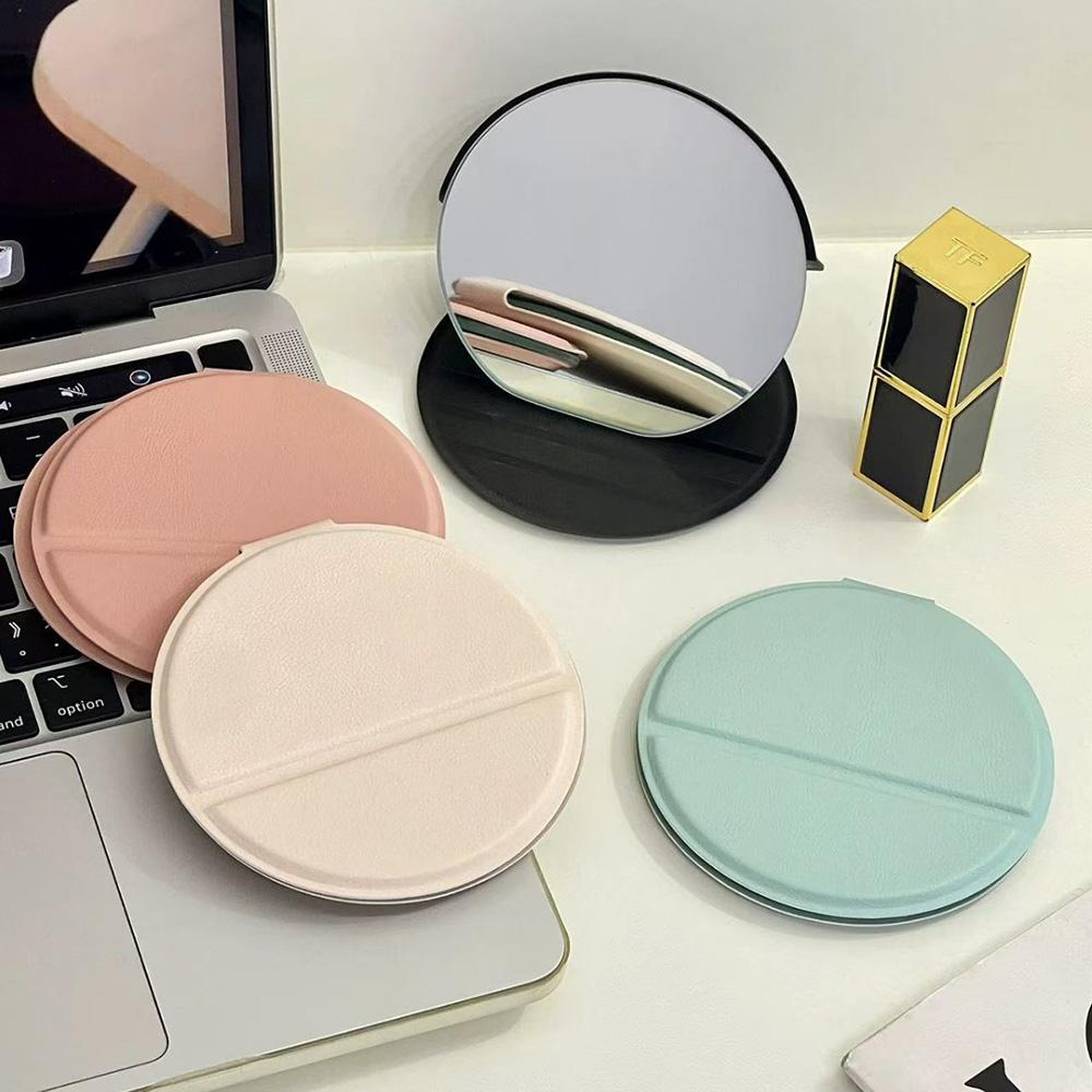 Round Makeup Mirror Leather Folding Mirror Portable Travel Touch Up Makeup Cosmetic Tool Desktop Can Stand Up Mini Mirror Gifts
