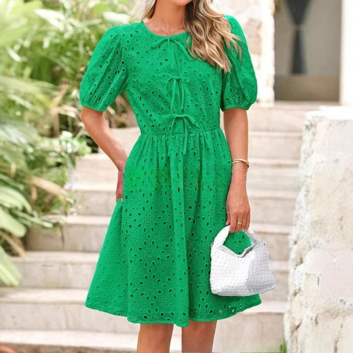 VEZFAA Damesmode Zomer Lente Effen Kleur Print Korte Mouw O-hals Hoge Taille Casual Jurken