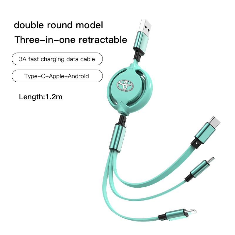 3 In 1 Retractable Mobile Phone Fast Charging Cable For Toyota Corolla Camry Asian Dragon Supra Hilux Land Cruiser GR SPORT TRD