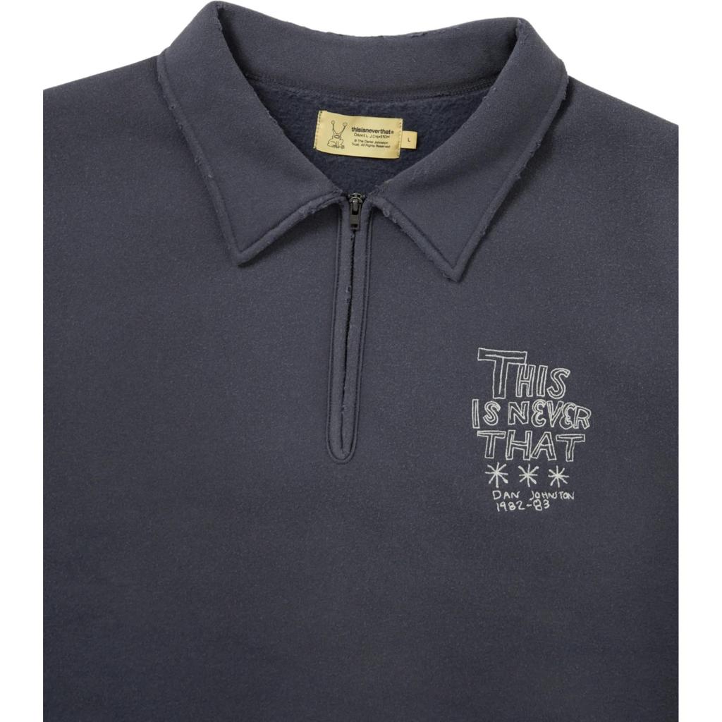 Thisisneverthat × Daniel Johnston Collaboration FW25 H.Y.L.A. Half Zip Sweatshirt Faded Navy Embroidered Loose Fit Long Sleeve Polo DN253TSWHA01-FNA
