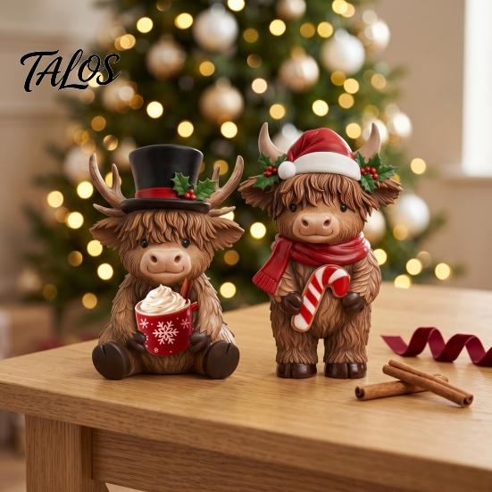 Unique Holiday Home Soft Furnishings 2Pcs Christmas Highland Cow Figurines, Resin Santa Reindeer Cow, with Hat, Detailed Animal Craft Hot Cocoa, Decor