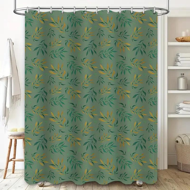 Green Leaf Shower Curtain Decorative Fabric Waterproof Bath Rug Bag For Home Decoration Green Yellow Pattern (180X180Cm)