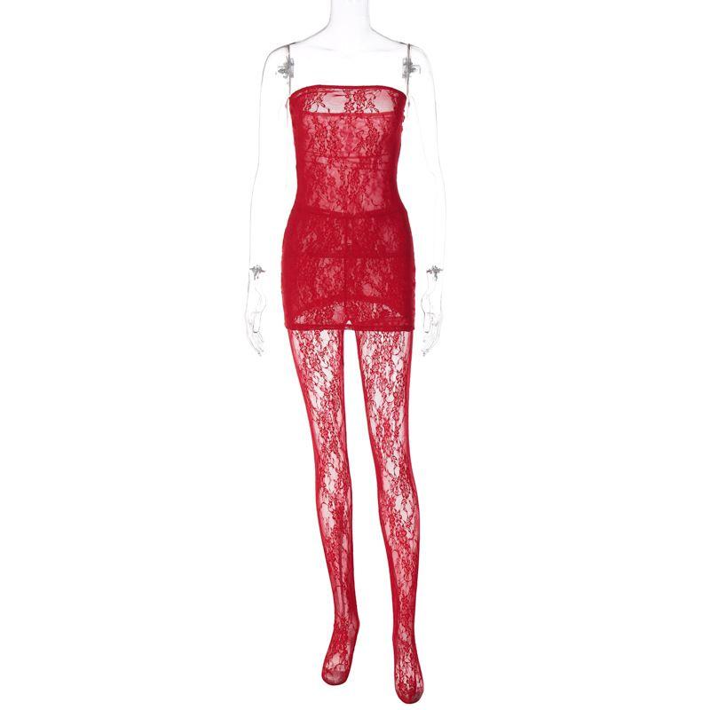 

Fashion Style Ins New Arrival Fashion Adult Lady like Woman Style Sexy Lace Chest-Wrapped Dress Close-Fitting Outer Wear Stockings Suit Skirt Red M