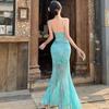 Lace splicing suspender dress women's summer vacation style slim fishtail skirt waist mesh skirt hip-wrapped long dress