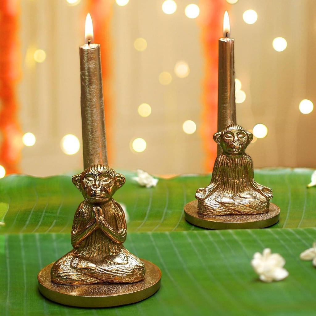 Aluminium Pair of Yoga Monkey Candle Holder for Home Decoration | Antique Gold Decorative Stag Candle Stand for Home Decor