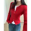 Christmas Red Fake Two-piece Bottoming Knitted Cardigan Long-sleeved Women's Autumn and Winter with Sweet Babes Stacked On Crew Neck Jacket 