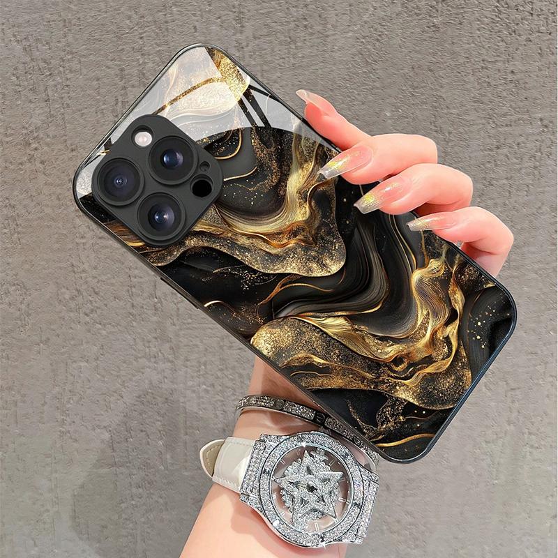 Golden Gradient Line Splice Pattern Tempered Glass Phone Case For iPhone 17 16 Pro Max 15 14 13 12 11 16E 7 8 Plus XR XS X Cover
