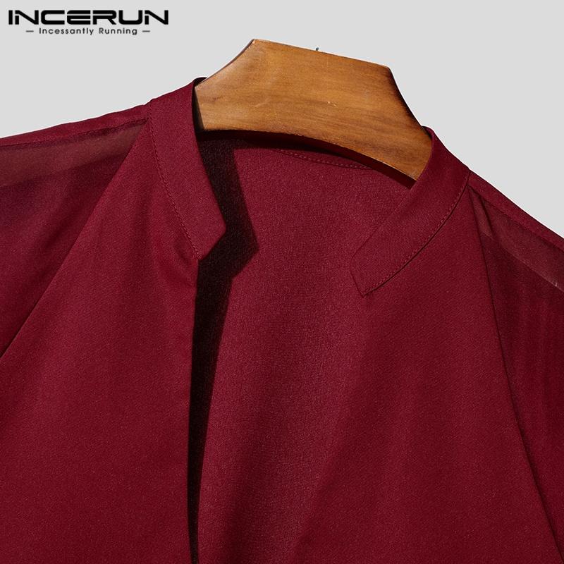 INCERUN Men Deep V Neck Long Sleeve Patchwork Mesh Sheer Buttons Slim Waist Party T-shirts