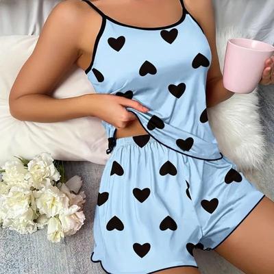 Damen-Pyjama-Set, Pyjama, T-Shirts, Shorts, rosa, herzförmiger Aufdruck, Rundhals-T-Shirt, Oberteil aus Eisseide, bequem, lässig, für den Sommer