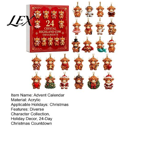 Unique Holiday Gift for Kids Highland Cow Advent Calendar, 24 Pcs Acrylic Hanging Ornaments Christmas Cartoon Character Tree Decoration, Festive