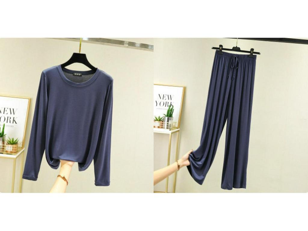 Damski jesienny zestaw piżamowy z bawełny modalnej – bluzka z długim rękawem i spodnie z szerokimi nogawkami
