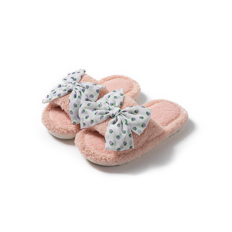 Polka Dot Bow Open Cotton Slippers Ins Fluffy Slippers Less Contrasting Plush Slippers