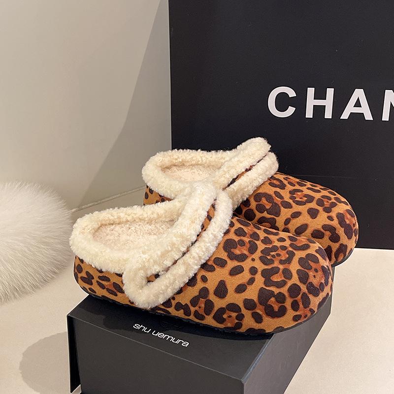 Leopard Print Bag Head Half Slippers Women's 2025 Autumn and Winter College Style Retro Style Mori Fashion Versatile Casual Mao Mao Shoes