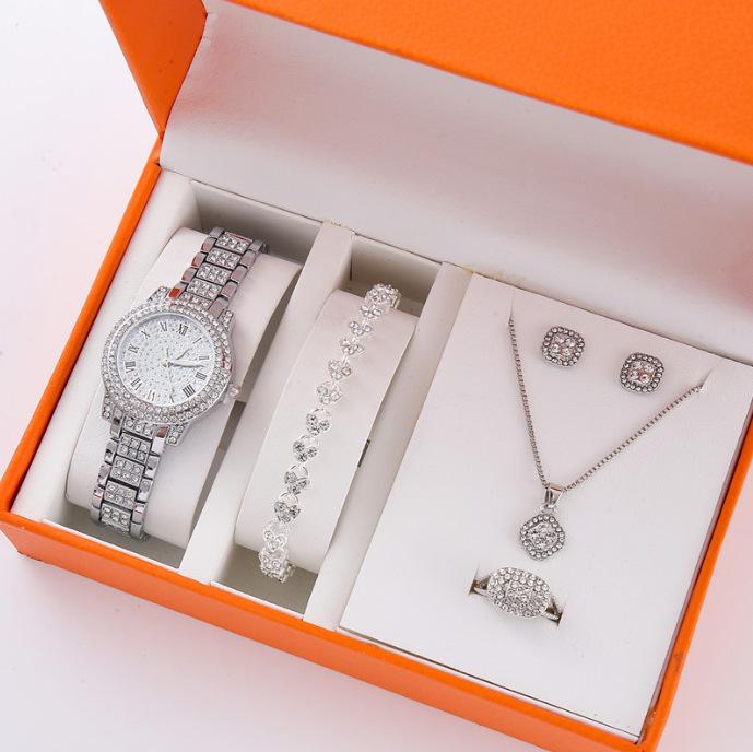 Trendy Roman Numerals Luxury Diamond-Encrusted Cuban Bracelet With Women'S Watch, Fashionable Hip-Hop Steel Watch