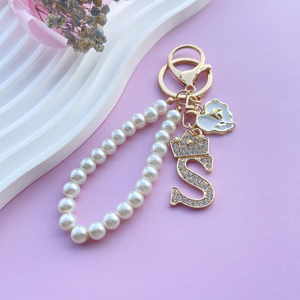 Boutique Crown A-Z 26 Initial Letters Rose Keyring Crystal Faux Pearl Resin Beaded Keychain Bag Pendant Women Girl Gifts Jewelry