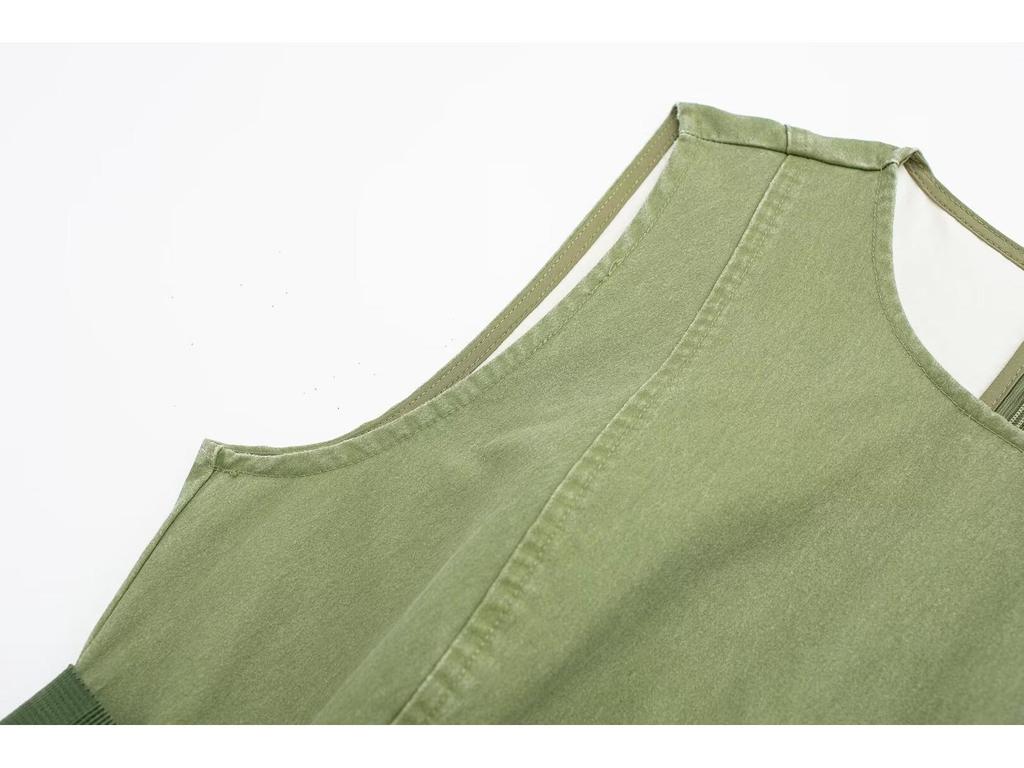 Spring European & American Style Mini Vest Dress with Waist Belt Details