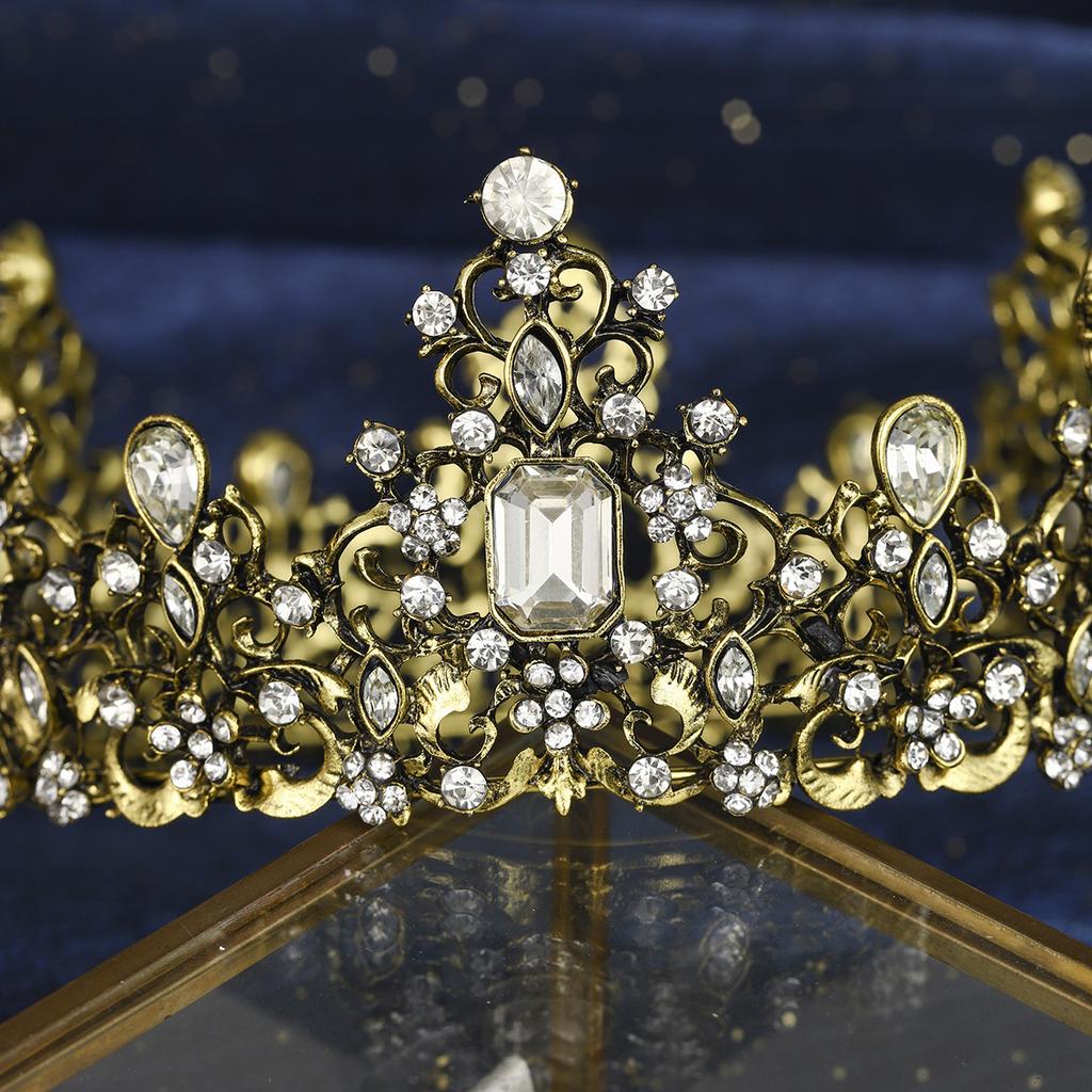 Antique Golden Vintage Heavy Duty Round Crown Baroque Crystal Flower Crown Tiara for Women Refined Banquet HairBand
