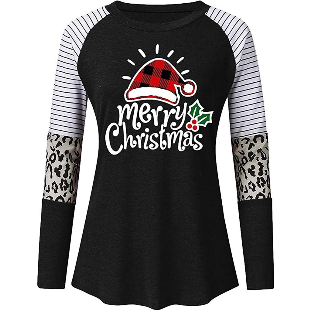 Women's Fashion Christmas Print Splicing Long Sleeve Round Neck Loose Tops