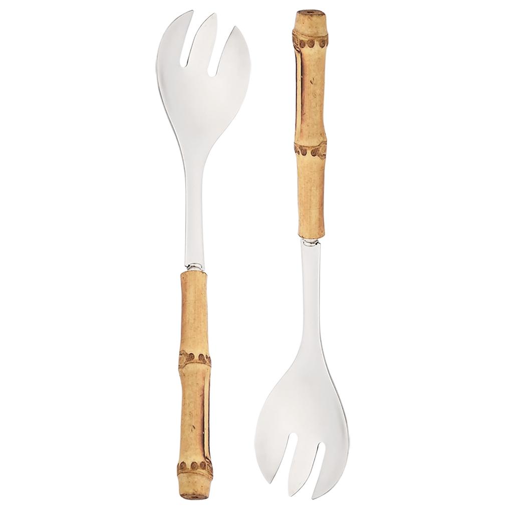 2Pcs/set Bamboo Wooden Handle Big Leaky Spoon Stainless Steel Tableware Long Handle Serving Spoon Fork Kitchen Cutlery Set