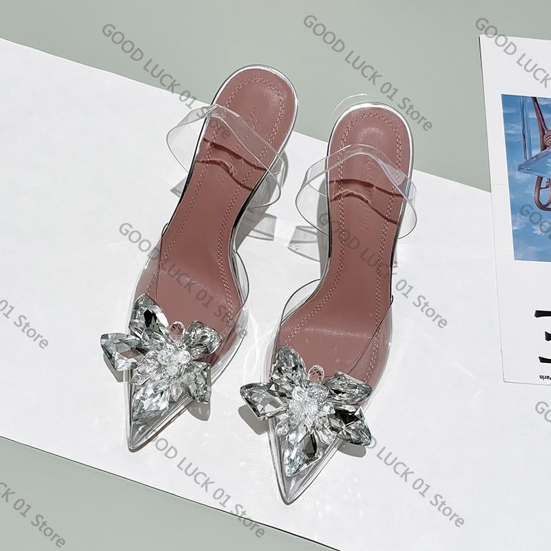 Fashion 2025 Summer Ladies Transparent Crystal Flower Sandals With High Heels