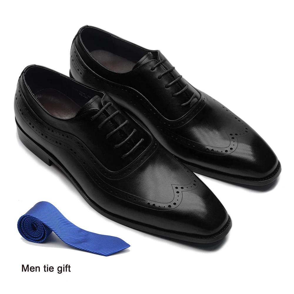 Luxury Mens Wingtip Oxford Dress Shoes Genuine Leather Brogue Dark Brown Lace-up Pointy Toe Business Office Wedding Formal Shoes