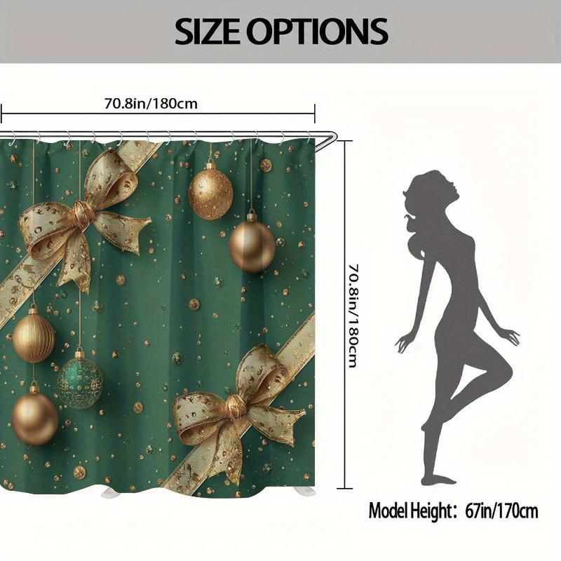 4Pcs Golden Christmas Ball Shower Curtain Set with Non-Slip Bath Mat, Toilet Lid Cover, Contour Rug & 12 Hooks, Bathroom Decor