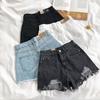 Sommer-Jeansshorts für Damen, hohe Taille, A-Linie, einfarbig, zerrissen, mit Knopf, Reißverschluss, Retro-Taschen, schmale Passform, über dem Knie, kurze Hose