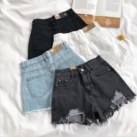 Sommer-Jeansshorts für Damen, hohe Taille, A-Linie, einfarbig, zerrissen, mit Knopf, Reißverschluss, Retro-Taschen, schmale Passform, über dem Knie, kurze Hose