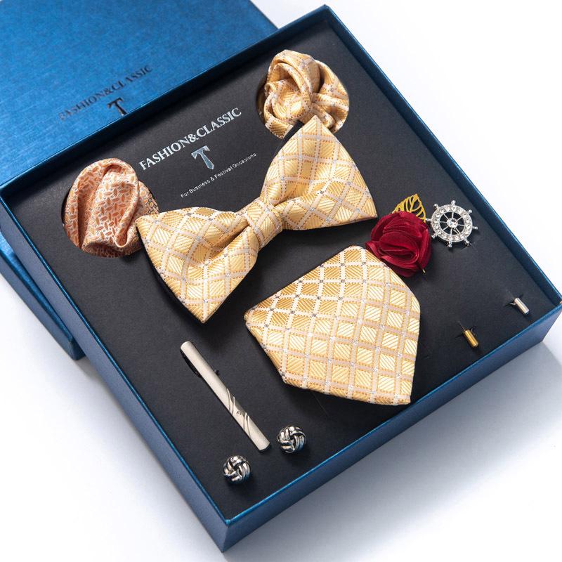 Men's 8-Piece Formal Accessory Set: Bow Tie, Corsage, Brooch, Cufflinks for Weddings.