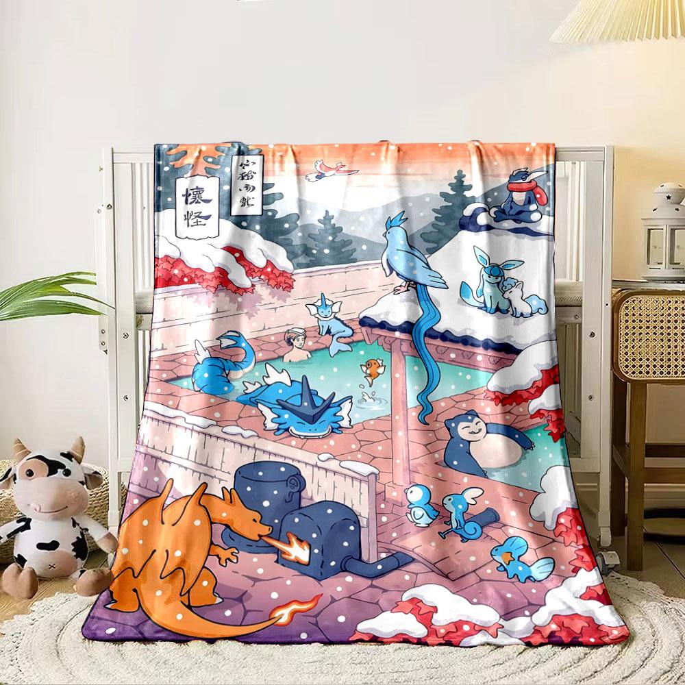 A snowy hot spring scene with creatures relaxing and interacting. for all seasons blanket lunch break throw gift 80cm x 120cm