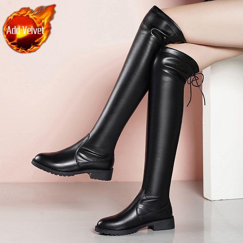 Fashion Black Round Toe Fleece-Lined Leather Women's Thigh High Boots New In Autumn Winter Middle Heel Ladies Above Over The Knee Shoes
