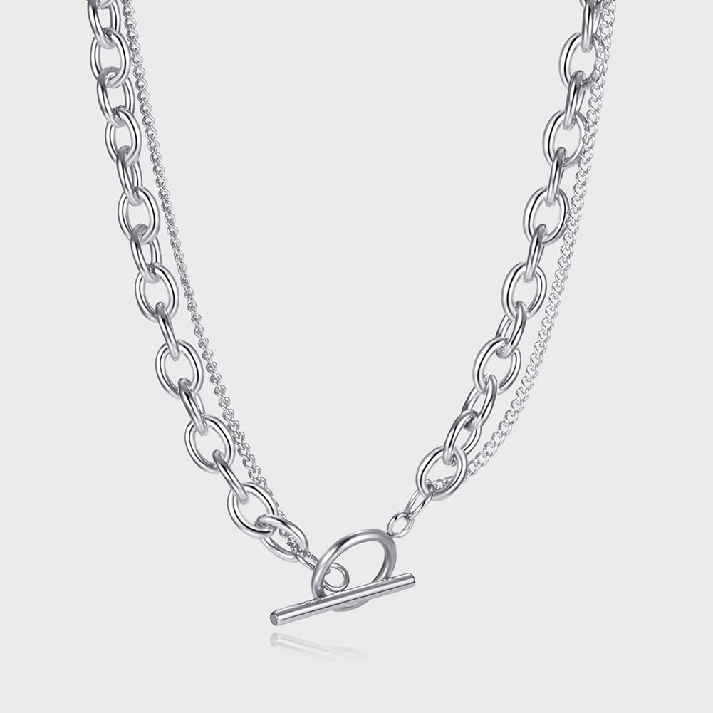 Necklace for Double Mantel Asymmetrical Chain Shiny For New Hip Hop Accessory [Rockyu] Women, Hypoallergenic, Silver, Strand, Necklace, Azuki, Kihei,