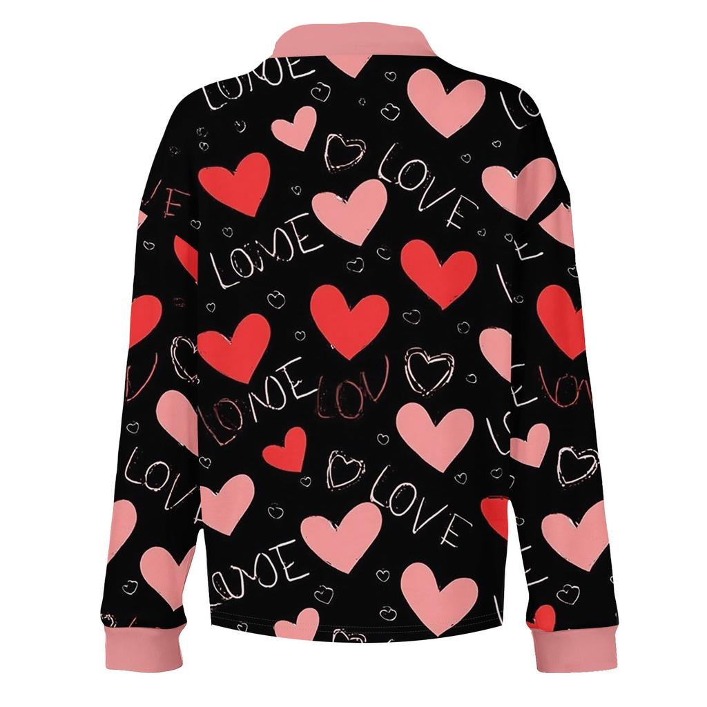 Damen Retro Street Lässiger V-Ausschnitt Langarm Knopf Valentinstag Herz Pullover Top