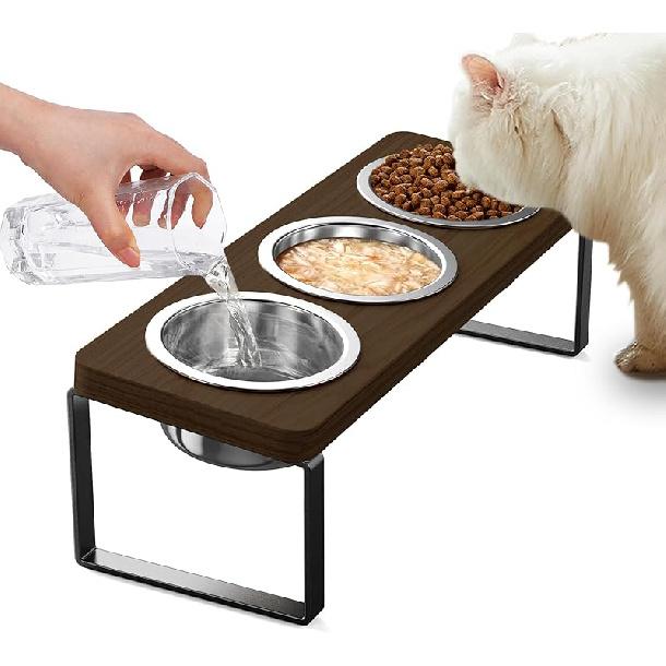 Elevated Cat Bowls with 3 Stainless Steel Bowls | 10° Tilted Anti-Vomiting Raised Cat Food Bowl for Small Cats and Puppies Pet Bowl with Stand
