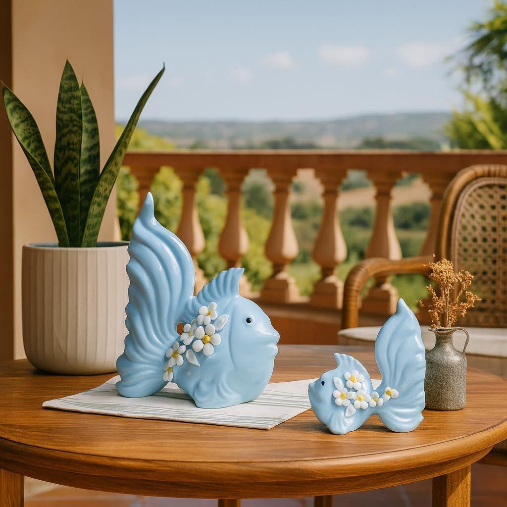 Modern Minimalist Sky Love Fish Art Figures | Beautiful Home Decor- (Set of 2 pc, Sky)