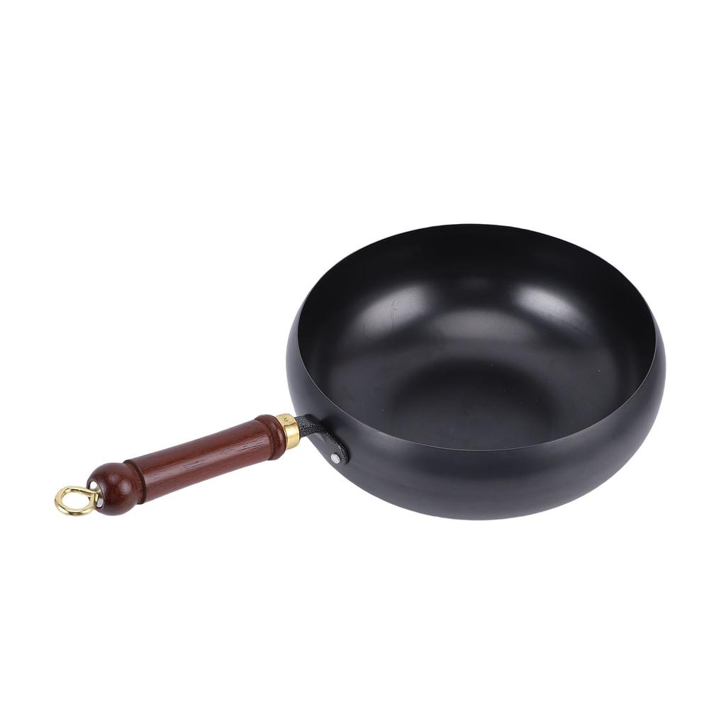 Stir Fry Pan Glossy 28cm Hand Hammered Anti Stick Wrought Iron Wok Pan with Spatula Wooden Handle for One Person Diet